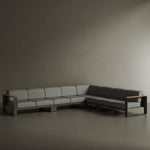 N5 eight seater sofa black powder-coated aluminium frame with teak detail lifestyle image