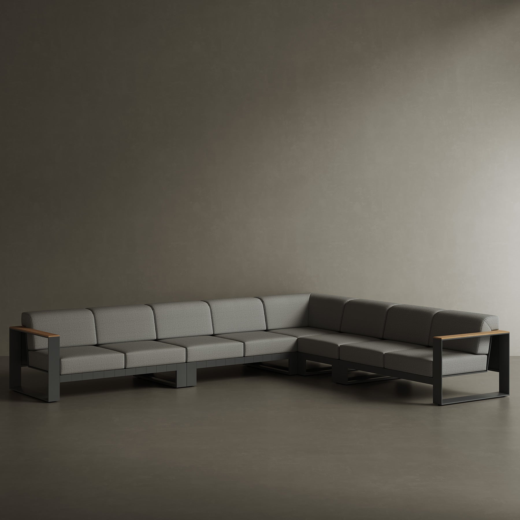 N5 eight seater sofa black powder-coated aluminium frame with teak detail lifestyle image
