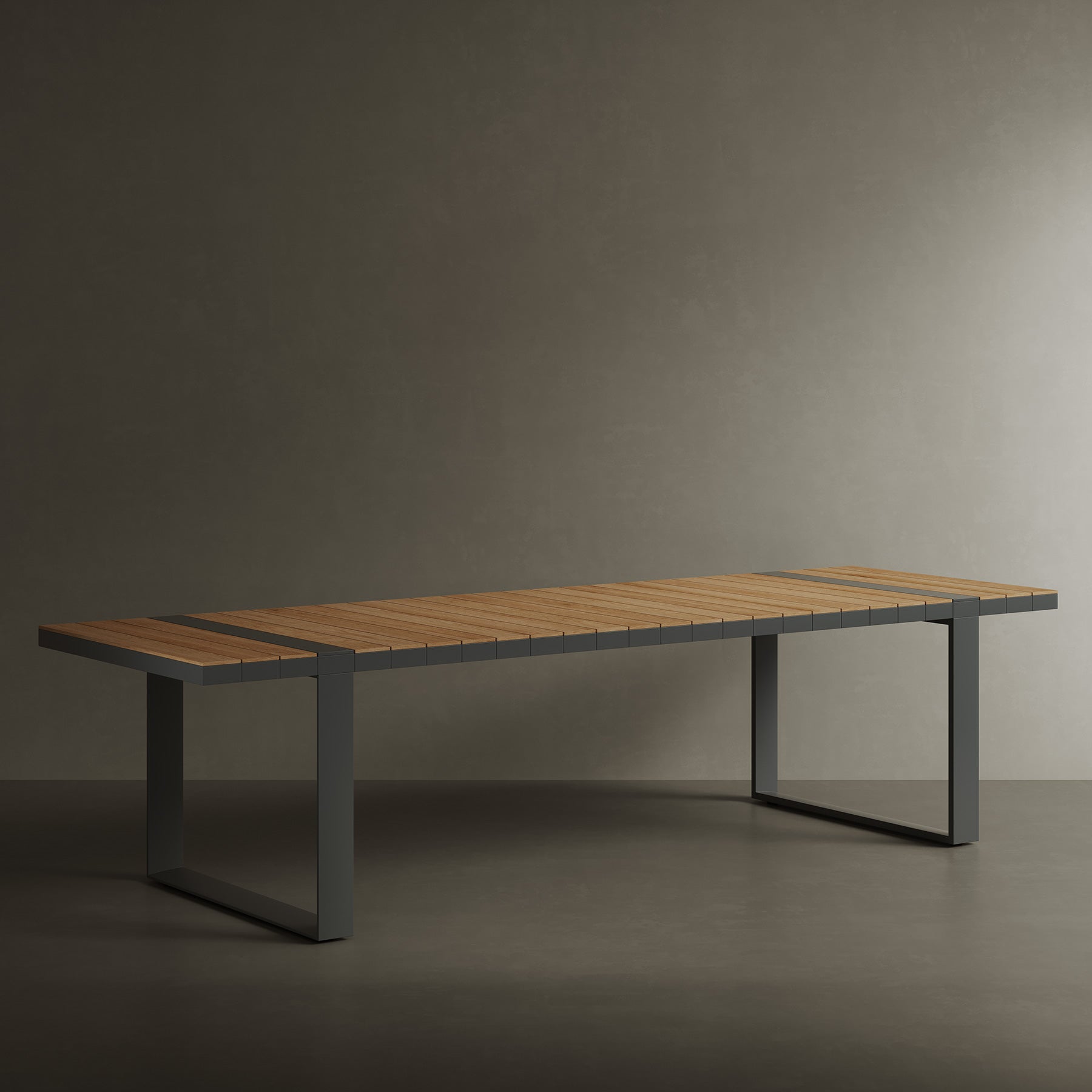 N5 eight seater dining table black powder-coated aluminium frame with teak detail lifestyle image