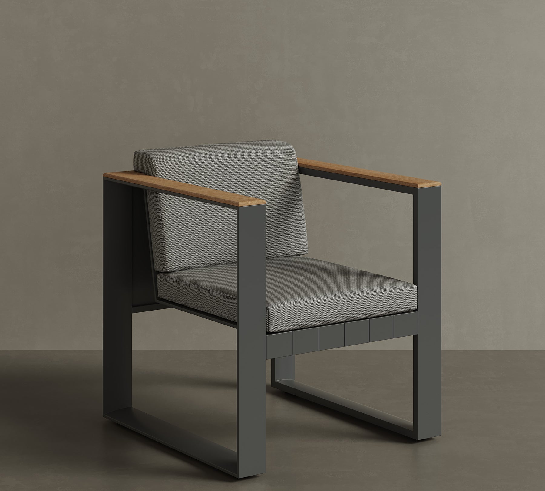 N5 dining chair black powder-coated aluminium frame with teak detail lifestyle image