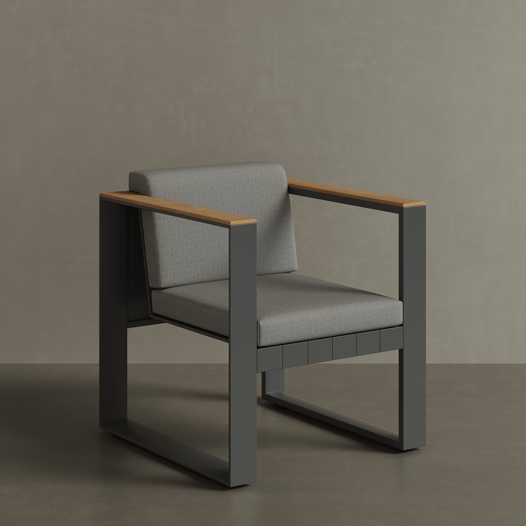 N5 dining chair black powder-coated aluminium frame with teak detail lifestyle image