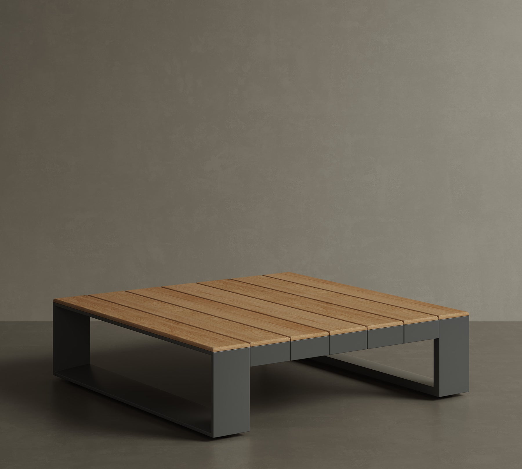 N5 square coffee table black powder-coated aluminium frame with teak detail lifestyle image