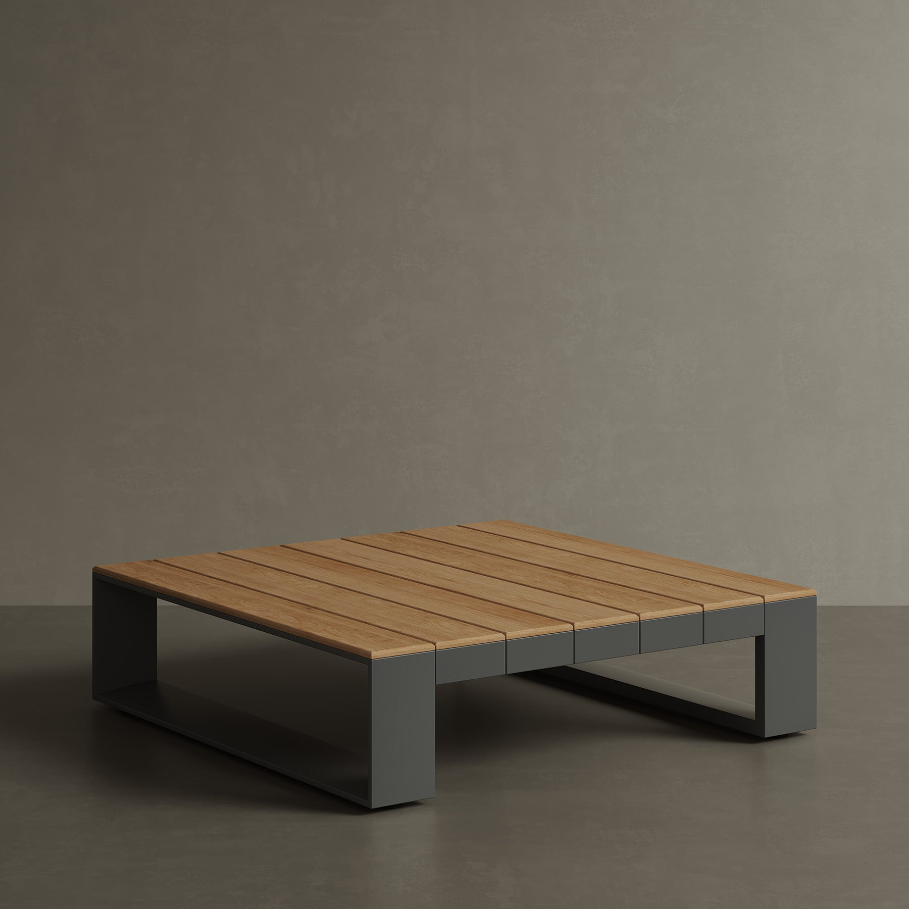N5 square coffee table black powder-coated aluminium frame with teak detail lifestyle image