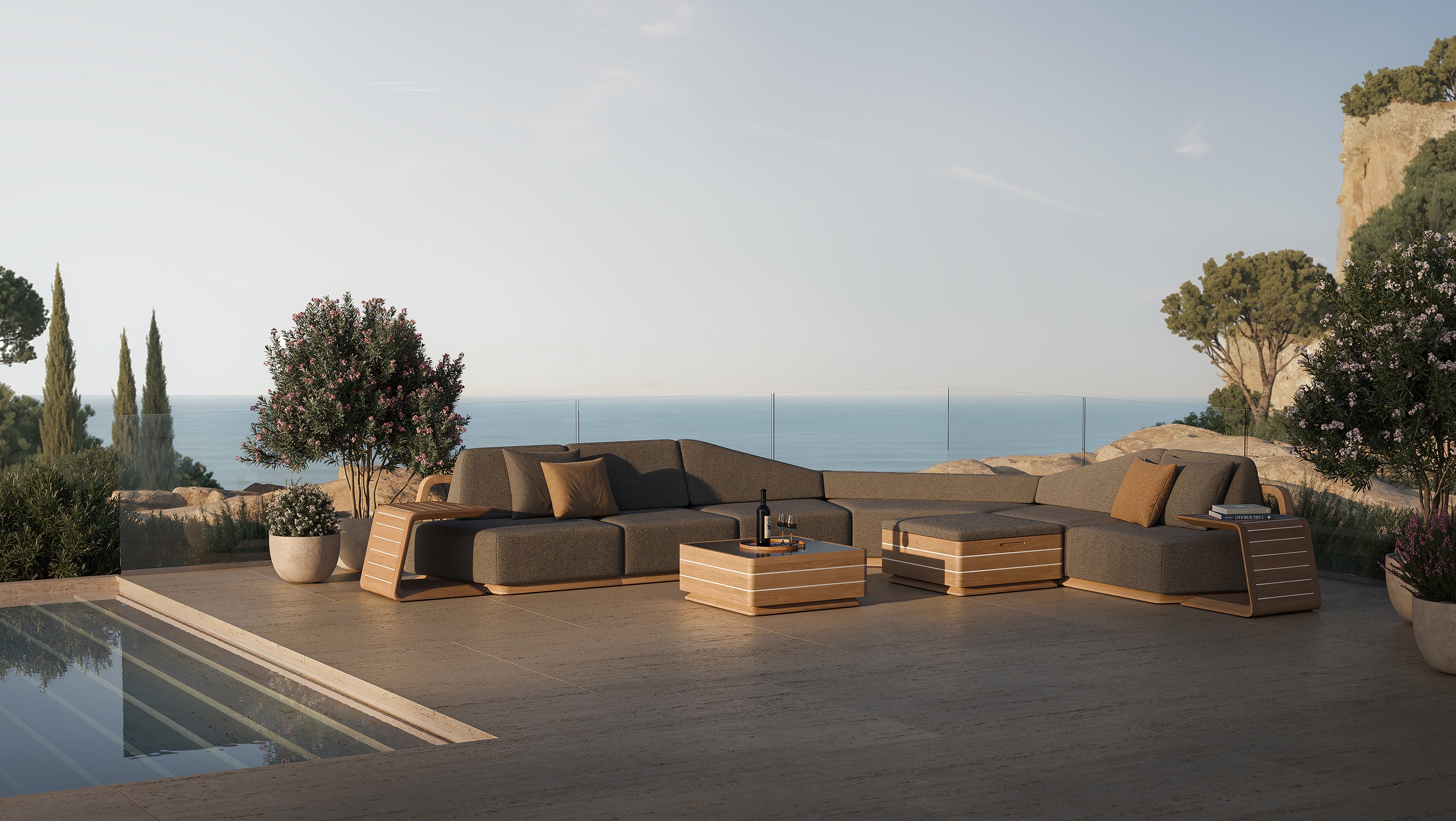 N6 dark corner sofa with coffee table and footstool