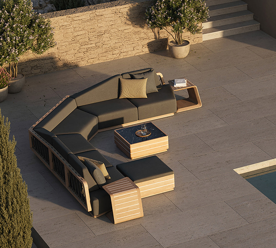 N6 corner sofa with footstool and coffee table over view of luxury out door furniture