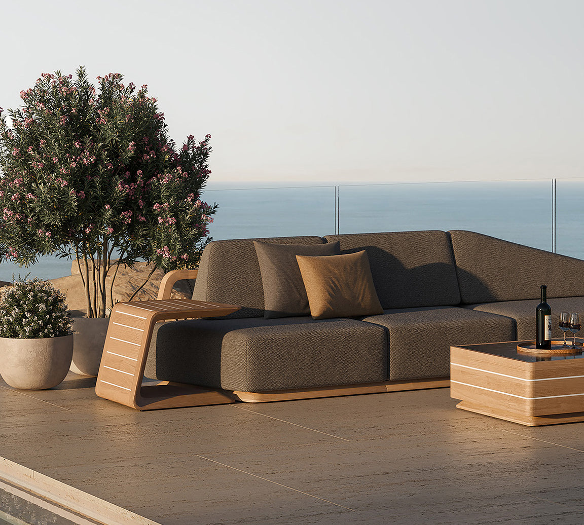 N6 dark corner sofa with coffee table and side table life style luxury image