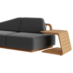 N6 dark corner sofa close up with teak angled side table