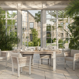 N7 luxury beige outdoor furniture with rope teak and aluminium detail with outdoor dining set in orangery