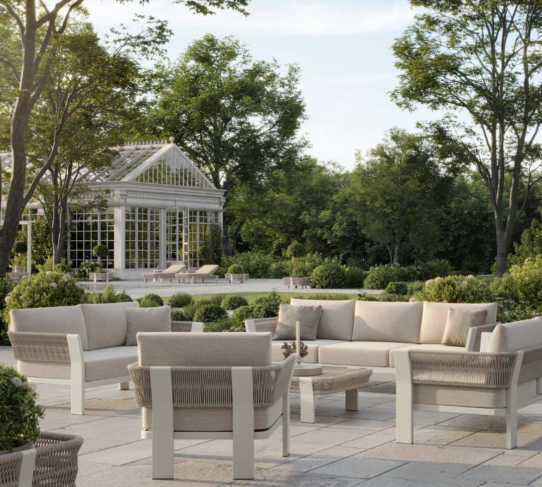 N7 luxury beige outdoor furniture with rope teak and aluminium detail garden sofa set