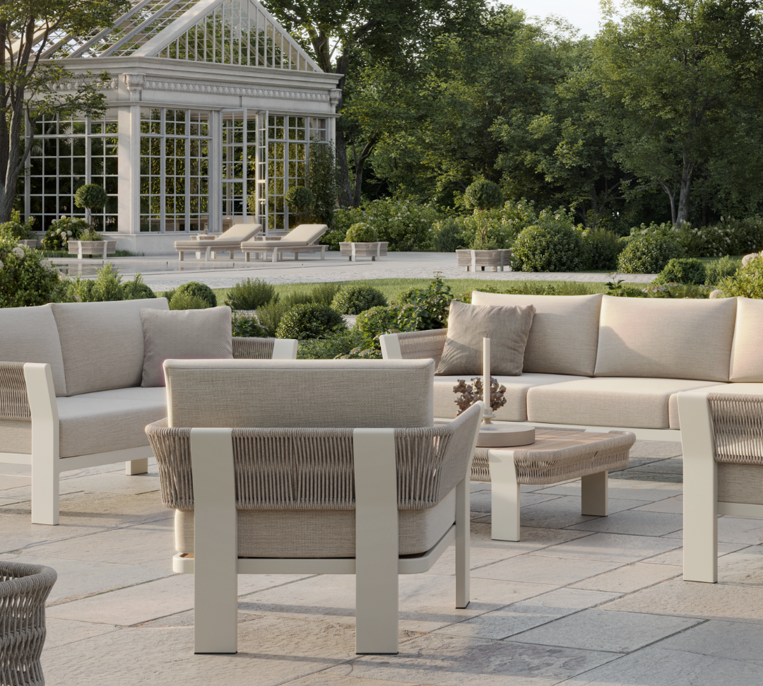 N7 luxury beige outdoor furniture with rope teak and aluminium detail with garden sofa set and matching coffee table