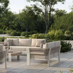 N7 luxury beige outdoor furniture with rope teak and aluminium detail garden three seater sofa and coffee table