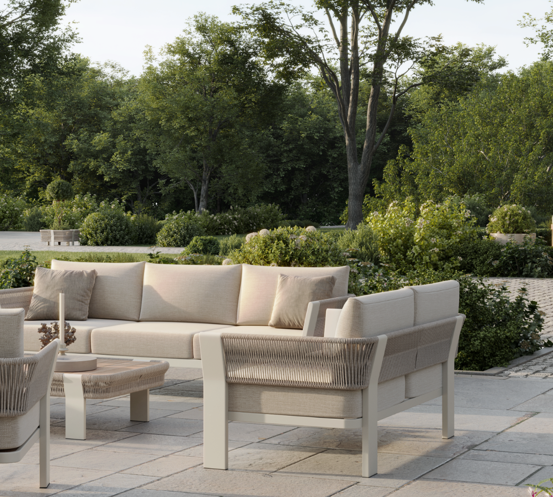 N7 luxury beige outdoor furniture with rope teak and aluminium detail garden three seater sofa and coffee table