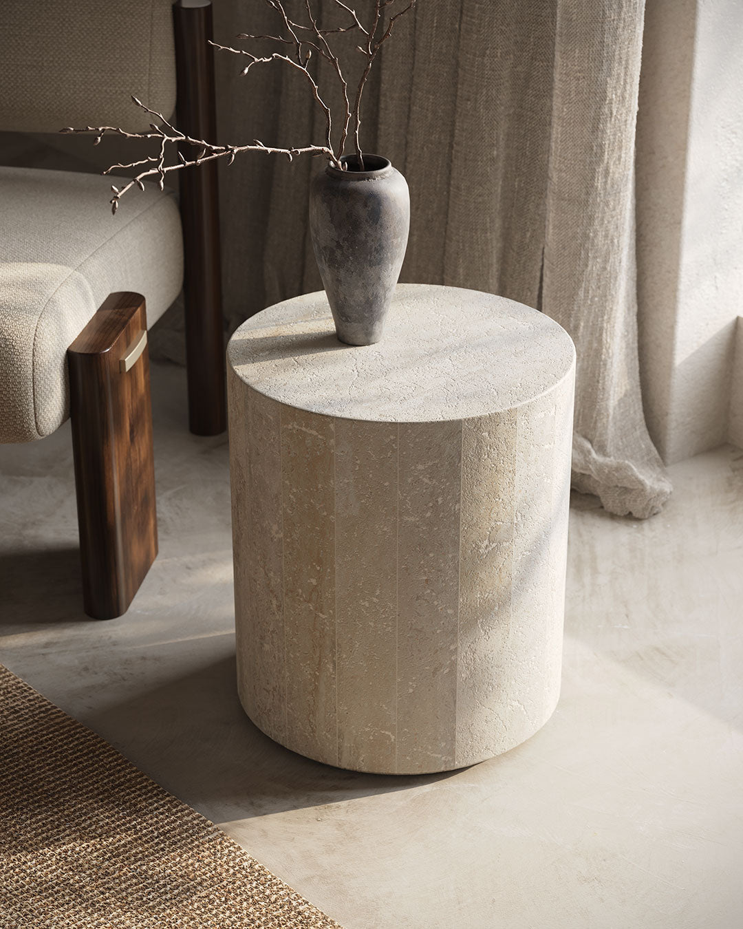 Porto White travertine side table 40cm portrait