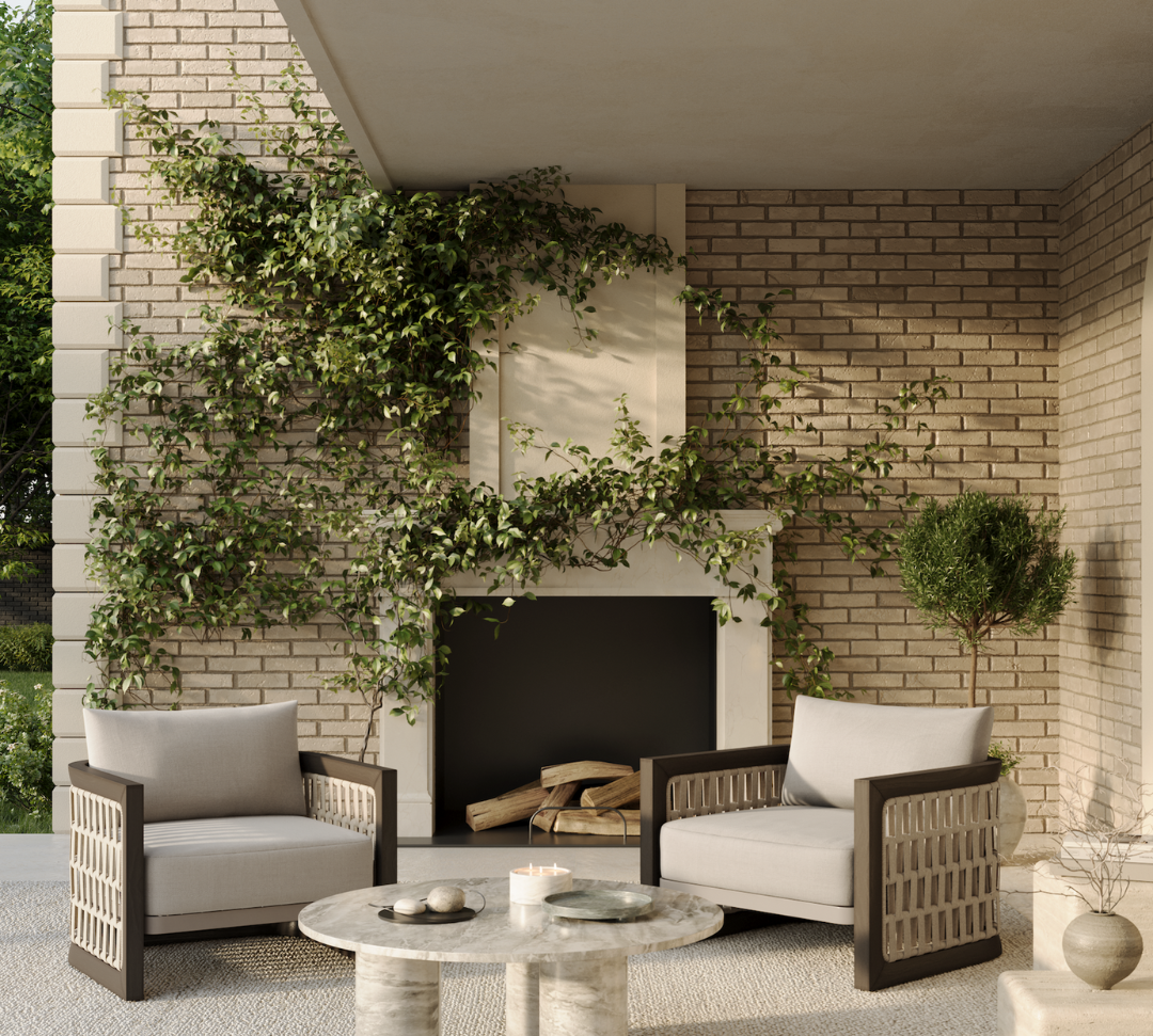 N2 dark teak outdoor furniture with modern rattan rope detail in luxury property with lounge chairs and marble table