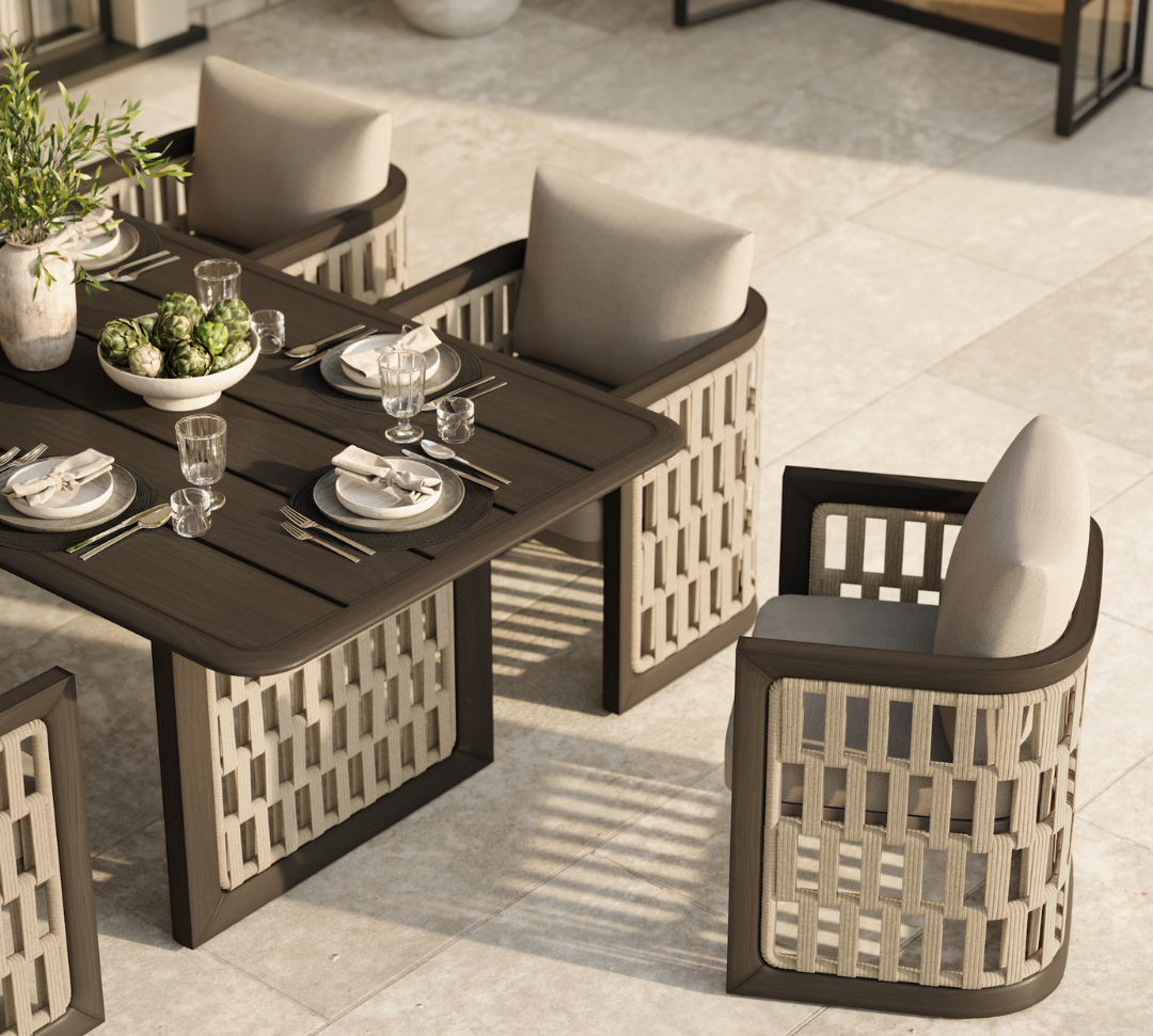 N2 dark teak outdoor furniture with modern rattan rope detail in luxury property with outdoor dining table set