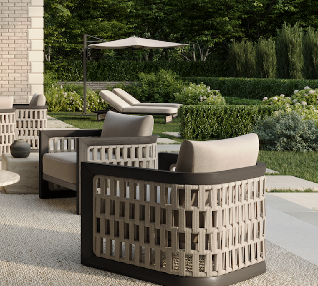 N2 dark teak outdoor furniture with modern rattan rope detail in luxury property with sun lounger and lounge chairs