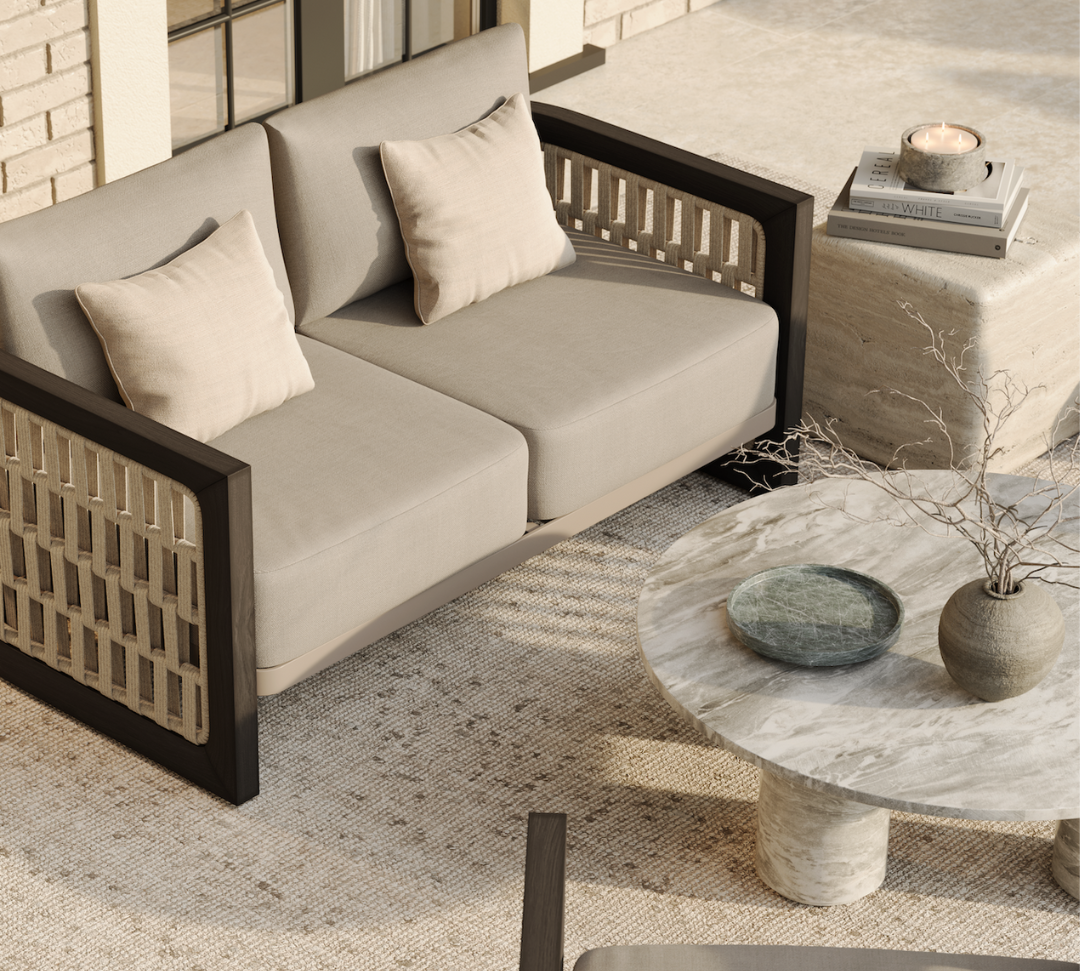 N2 dark teak outdoor furniture with modern rattan rope detail in luxury property and marble coffee table