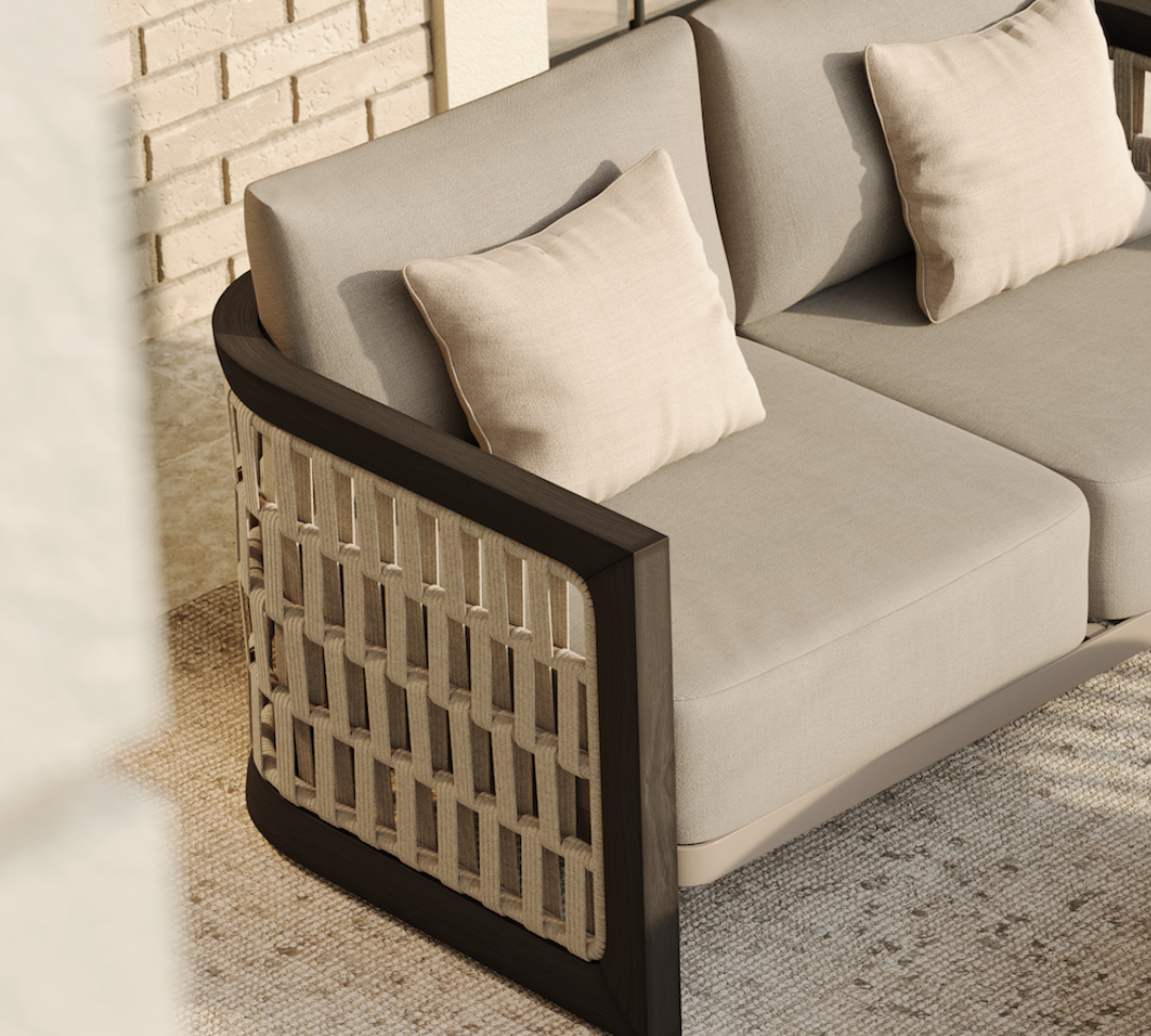 N2 two seater sofa in dark teak with rope detail lifestyle image